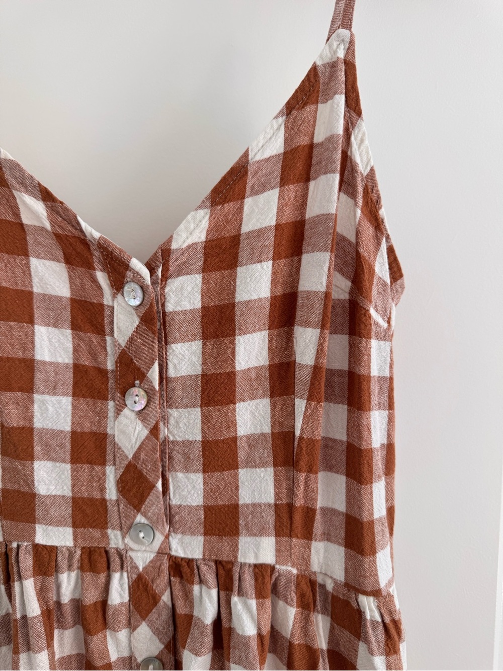 Brown/Rust & White Gingham Midi Dress Cottagcore linen Picnic summer - Picture 7 of 12